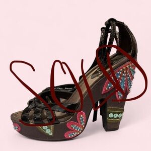 Vintage Colin Stuart Embellished Brown Platform Heels w/ Multicolor Accents